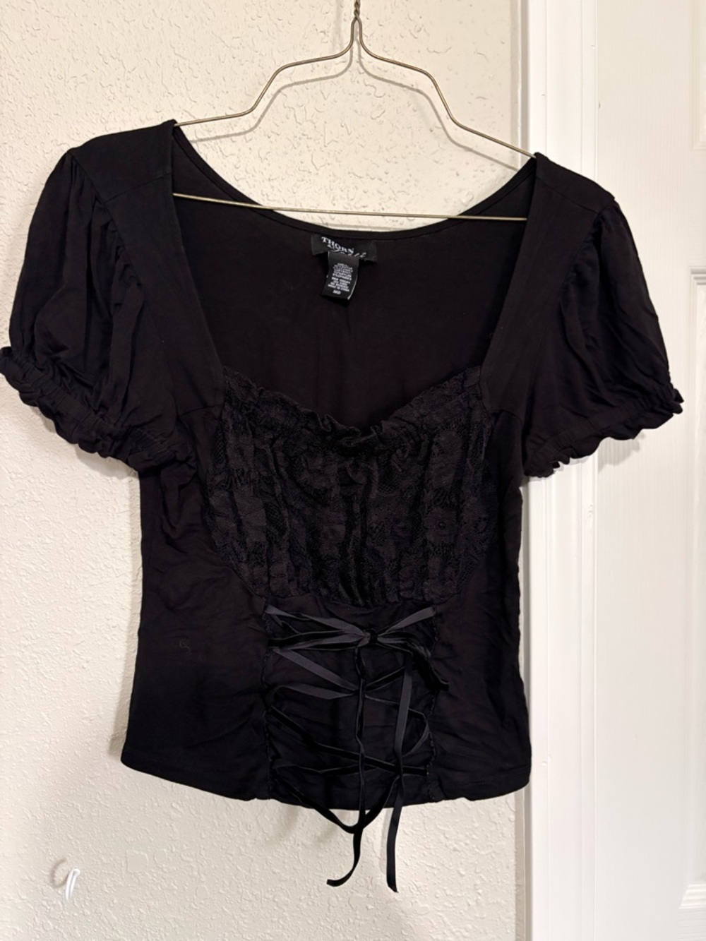 Black Lace-Up Puff Sleeve Blouse - Feminine Square Neck